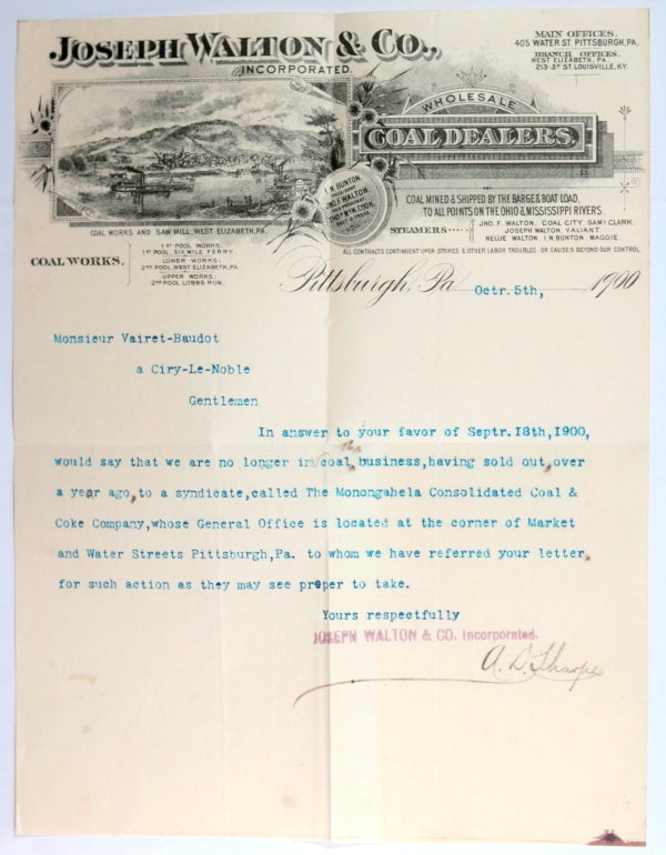 1900 USA commercial letter Walton & Co. Pennsylvania Coal Dealer 1900 USA commercial letter Walton & Co. Pennsylvania Coal Dealer