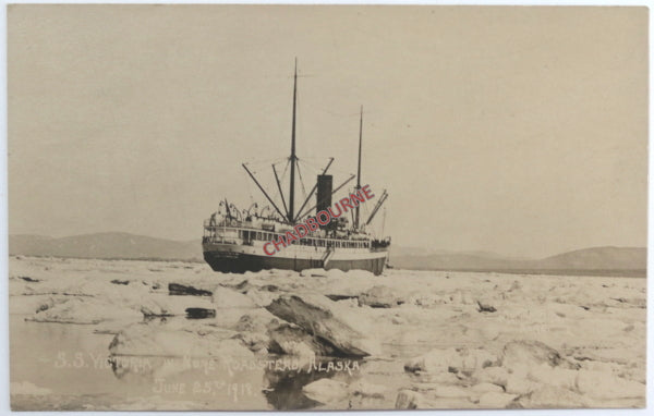 1918 US two photo postcards S.S. Victoria in ice off Alaska