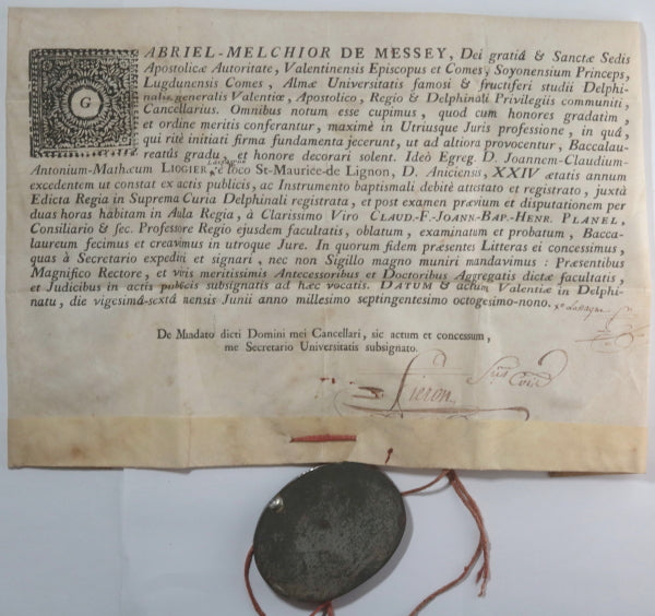 1789 France diplôme de droit Université de Valence (Dauphiné), sceau
