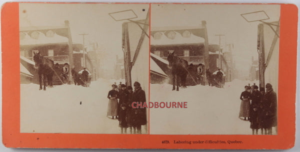 1870s Quebec stereoscopic photo sleighs in large snowbanks
