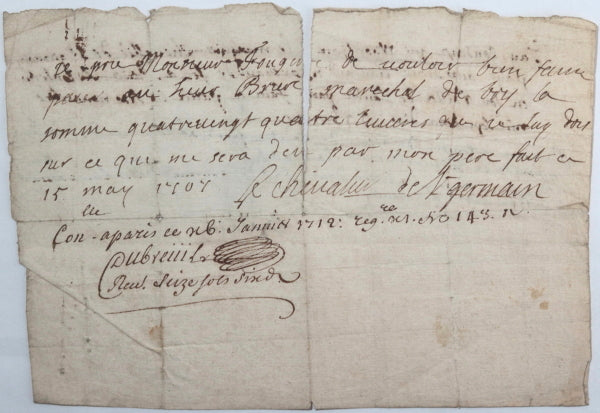 1712 Paris quittance Chevalier de St. Germain