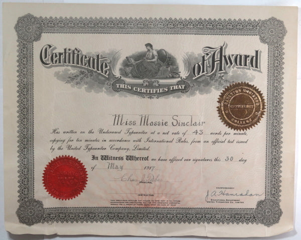 1917 Canada United Typewriter Co. Certificate of Merit