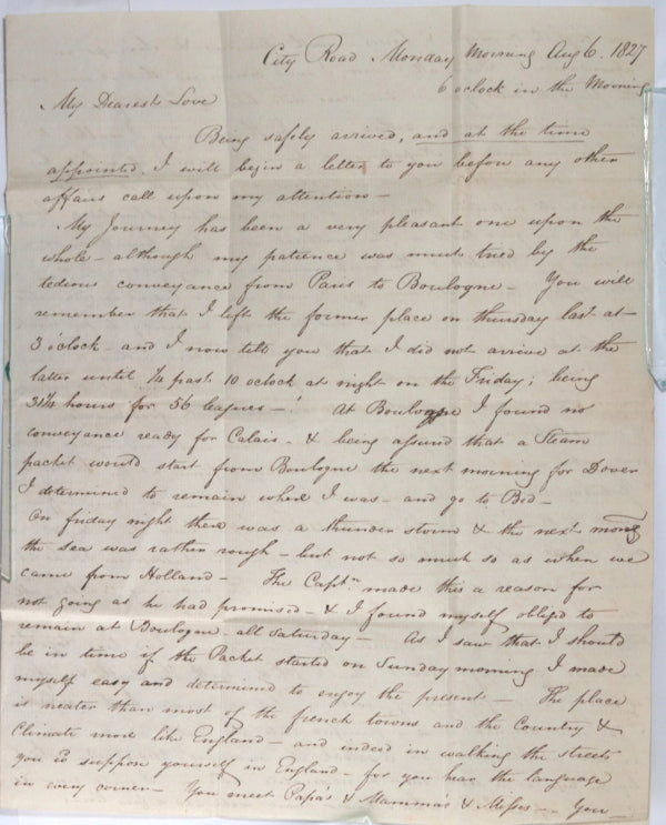 1827 UK letter engineer Philp Taylor, trip description Paris to London