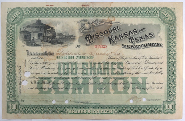 Stock Certificate Missouri Kansas & Texas Railway Company early 1900s Stock Certificate Missouri Kansas & Texas Railway Company early 1900s