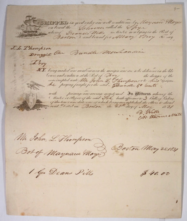 1831 USA bill of lading medicine on schooner Boston to Troy NY.