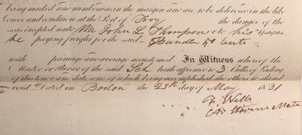 1831 USA bill of lading medicine on schooner Boston to Troy NY.