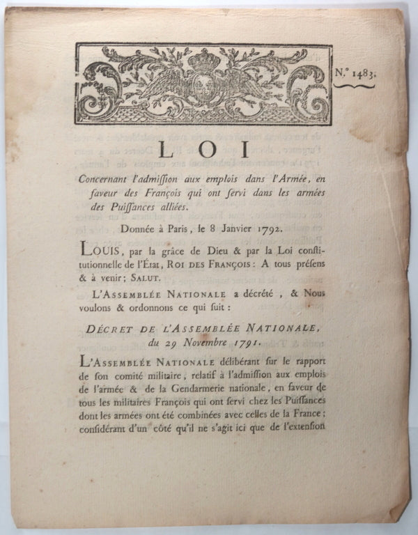 1792 Paris Louis XVI révolution 3 lois concernanat l"Armée et Marine