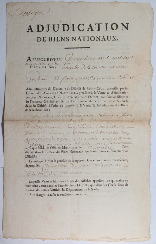 1792 Le Mans vente de biens nationaux chapitre St. Michel-du-Cloitre