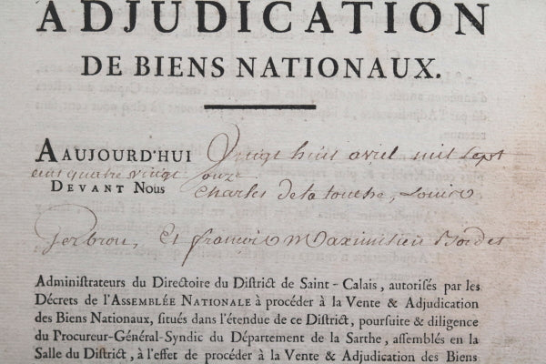 1792 Le Mans vente de biens nationaux chapitre St. Michel-du-Cloitre