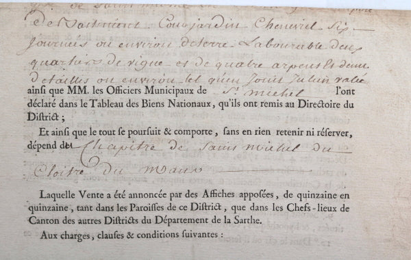 1792 Le Mans vente de biens nationaux chapitre St. Michel-du-Cloitre