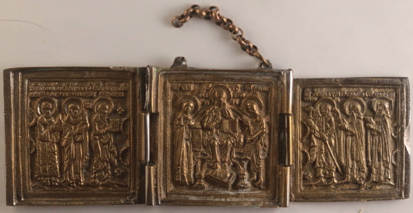 Antique Russian Christian Orthodox Triptych Brass Icon 19th