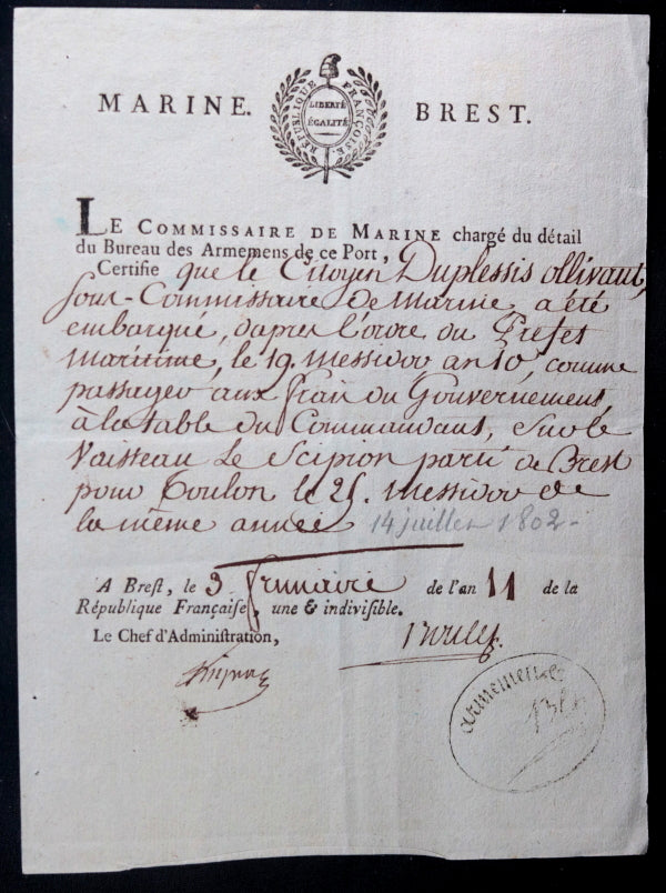 1802 Brest Marine, sous commissaire allant à Toulon sur Le Scipion