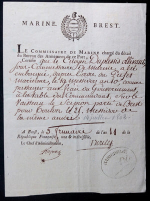 1802 Brest Marine, sous commissaire allant à Toulon sur Le Scipion