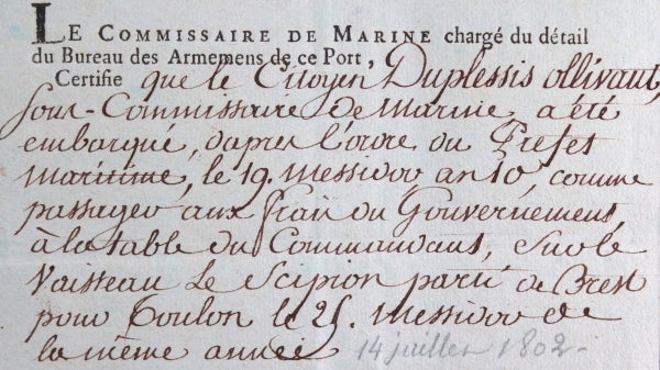 1802 Brest Marine, sous commissaire allant à Toulon sur Le Scipion