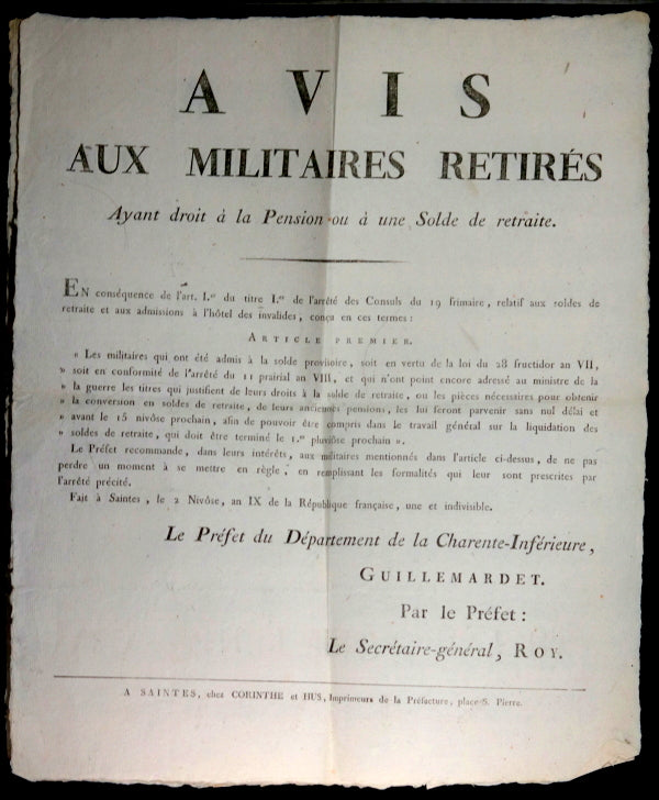 1800 France Charente-Inférieure Affiches 'Avis aux Militaire Retirés'