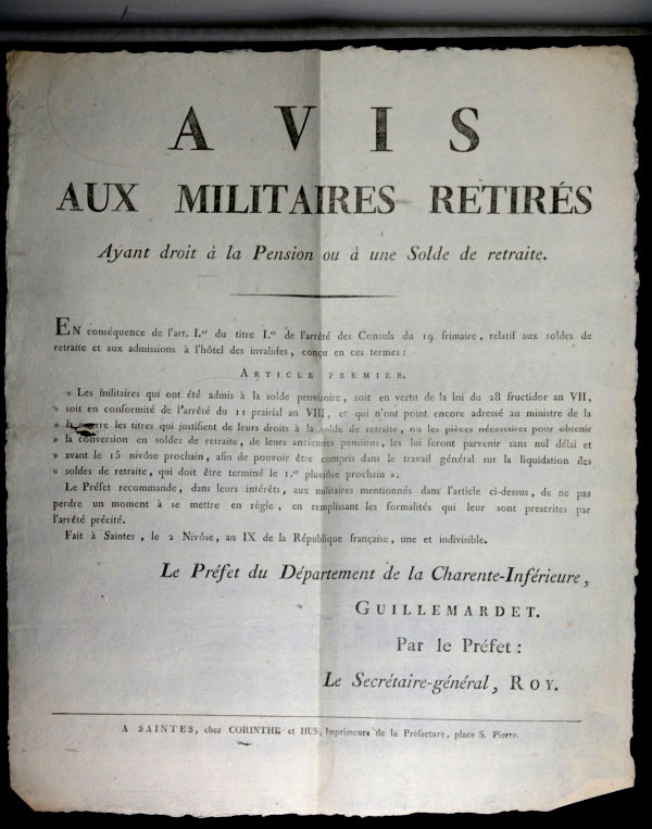 1800 France Charente-Inférieure Affiches 'Avis aux Militaire Retirés'