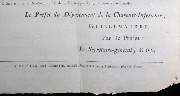 1800 France Charente-Inférieure Affiches 'Avis aux Militaire Retirés' 1800 France Charente-Inférieure Affiches 'Avis aux Militaire Retirés'