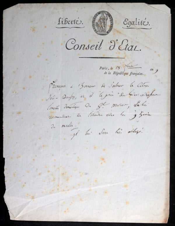 1801 France lettre Français de Nantes (Consell d’État) à Joly D’Aussy
