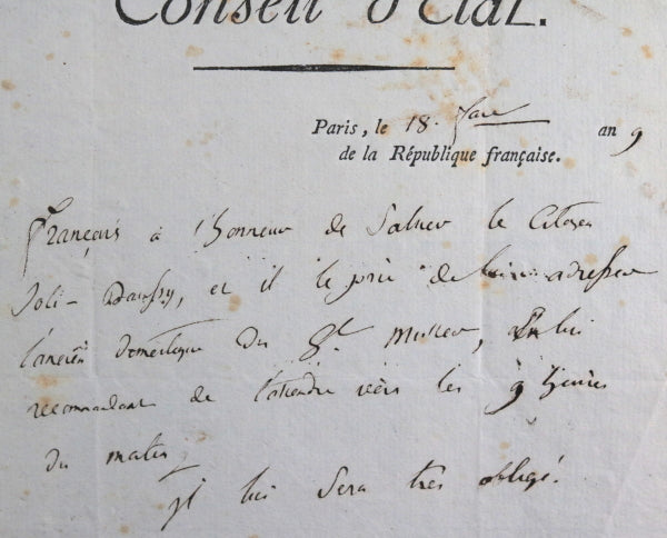 1801 France lettre Français de Nantes (Consell d’État) à Joly D’Aussy