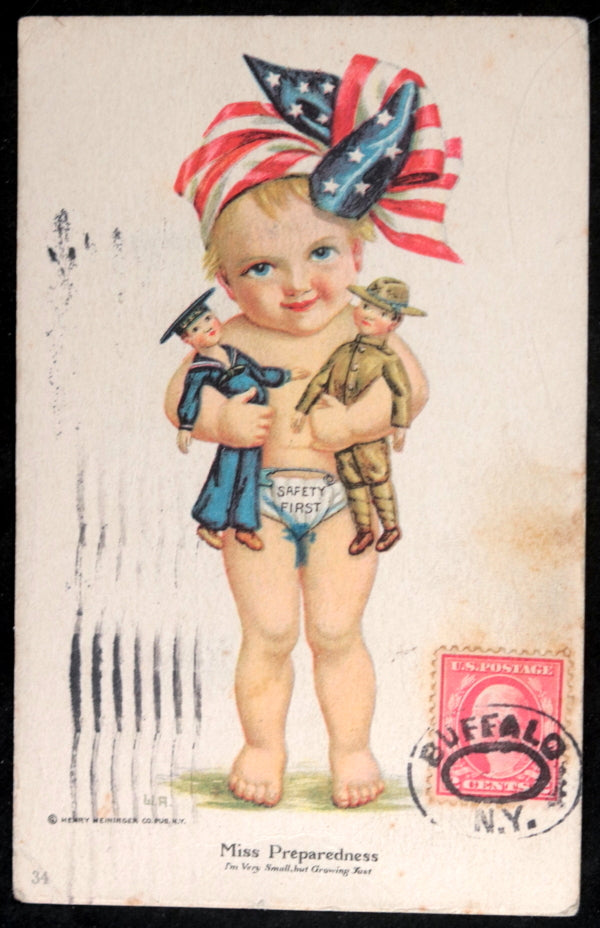 1918 USA WW1 patriotic postcard American child with dolls