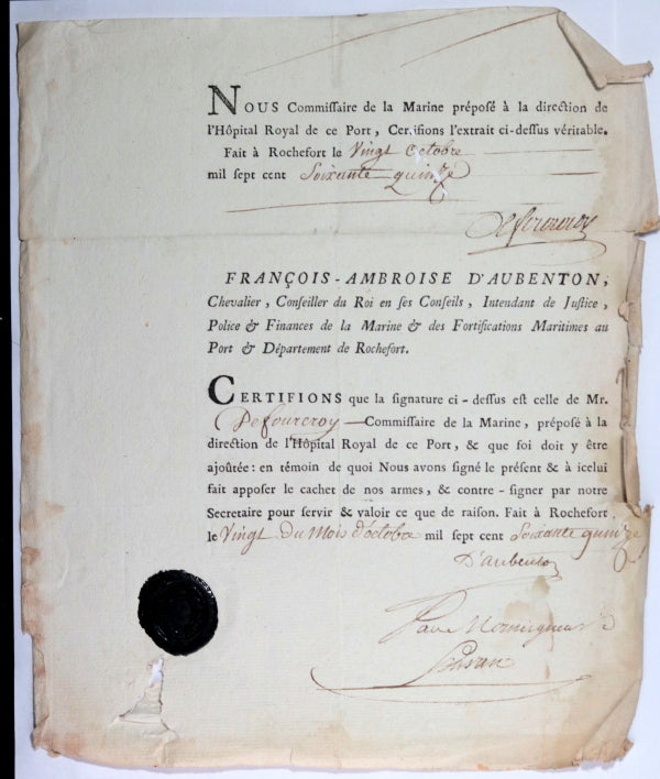 1775 France Rochefort, Intendant de la Marine d’Aubenton à De Fourcroy