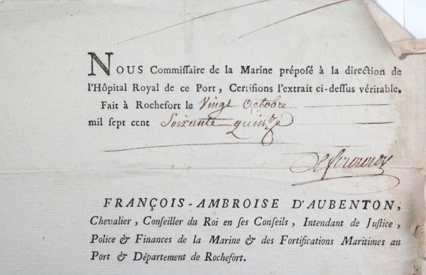 1775 France Rochefort, Intendant de la Marine d’Aubenton à De Fourcroy