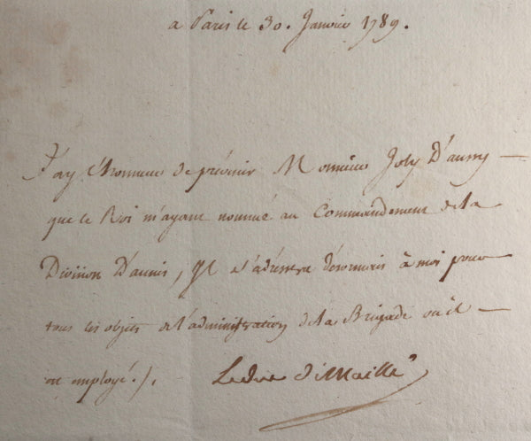 1789 France lettre militaire du Duc de Maillé à Joly d'Aussy