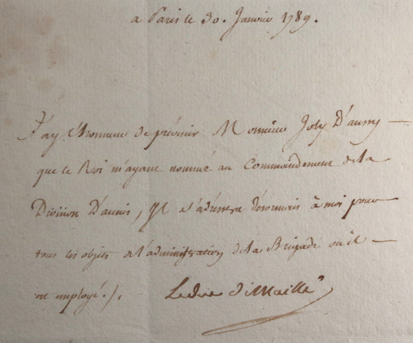 1789 France lettre militaire du Duc de Maillé à Joly d'Aussy 1789 France lettre militaire du Duc de Maillé à Joly d'Aussy