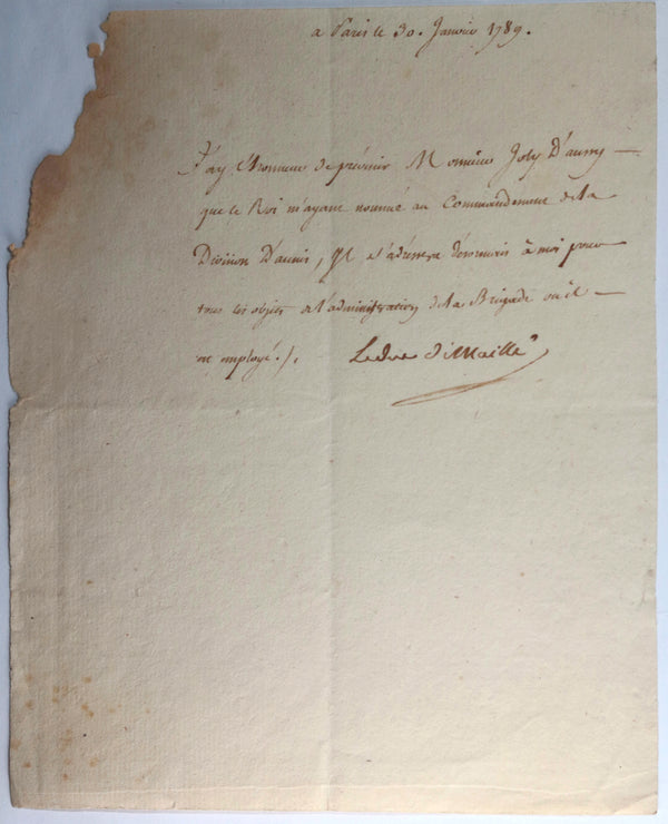 1789 France lettre militaire du Duc de Maillé à Joly d'Aussy 1789 France lettre militaire du Duc de Maillé à Joly d'Aussy