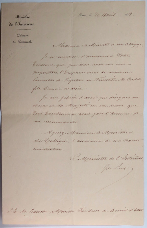 1863 France deux lettres du Ministre de l’Intérieur Duc de Persigny