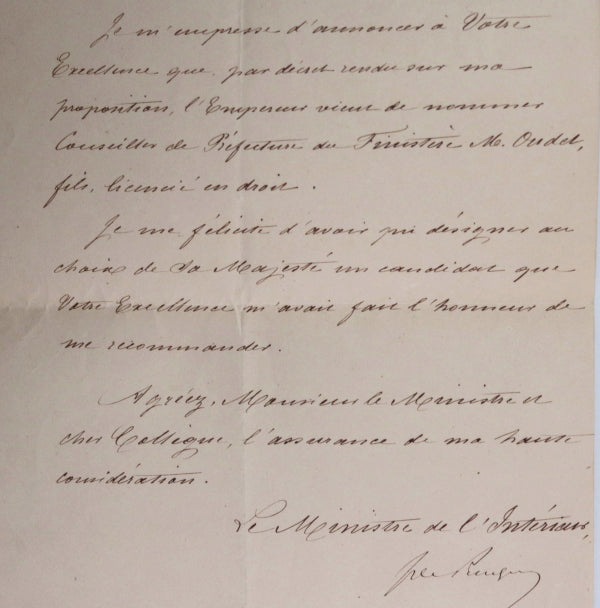 1863 France deux lettres du Ministre de l’Intérieur Duc de Persigny