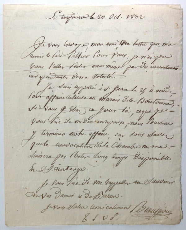 1832 France lettre Bourreau de Beauséjour député Charente-Inférieure