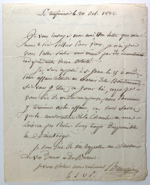 1832 France lettre Bourreau de Beauséjour député Charente-Inférieure