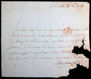 1789 France La Rochelle Duc de Maillé à Joly d'Aussy Milice Nationale