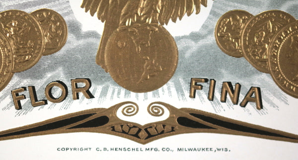 USA Flor Fina cigar box label with American Eagle
