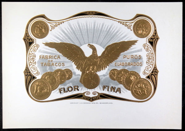 USA Flor Fina cigar box label with American Eagle