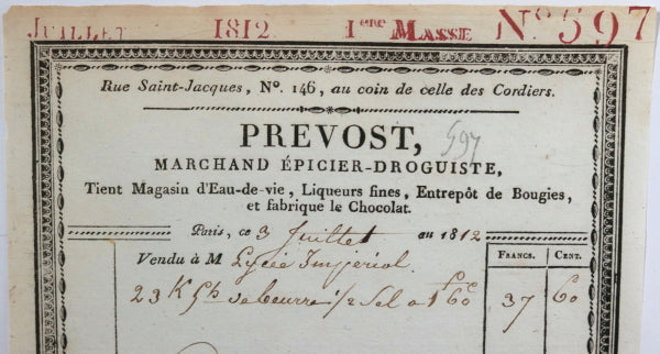 Paris 1812 achat Lycée Impériale beurre chez Prevost