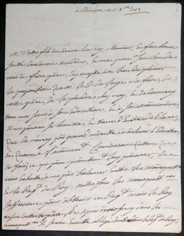 1743 France Besançon lettre de Guy Michel de Durfort duc de Randan