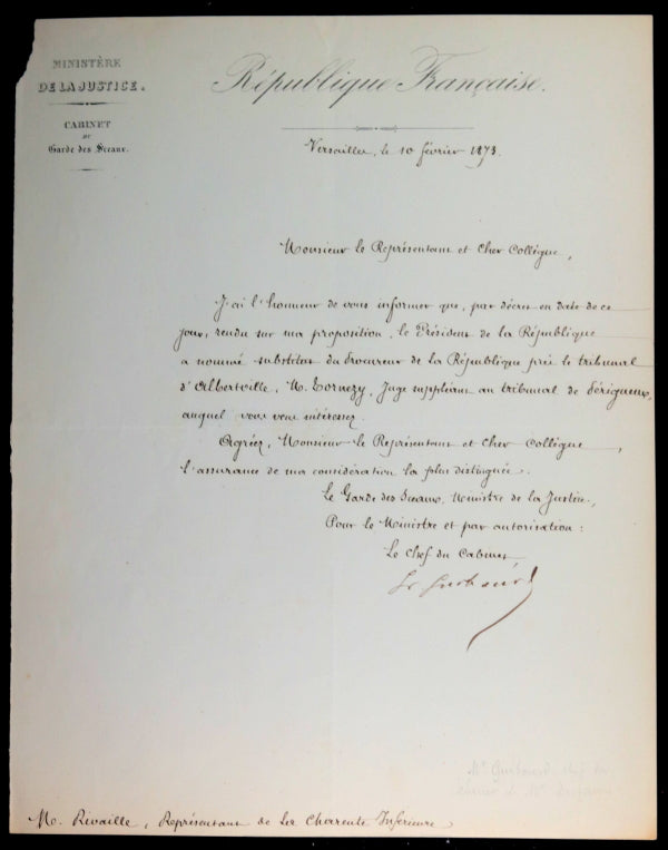 1873 Versailles lettre Ministère de la Justice - Chef du Cabinet