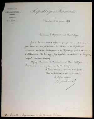 1873 Versailles lettre Ministère de la Justice - Chef du Cabinet