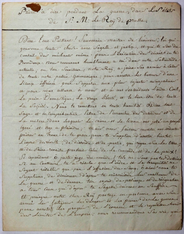 18ème Prusse, prière aide providentielle pour Roi en temps de guerre