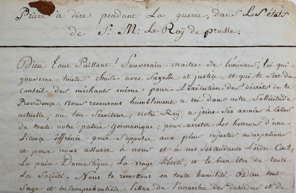 18ème Prusse, prière aide providentielle pour Roi en temps de guerre