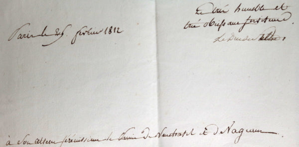 1812 lettre MInistre Duc de Feltre au Maréchal Berthier, aide de camp