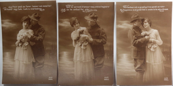 WW1 set of 5 French romantic postcards Allied soldier and sweetheart