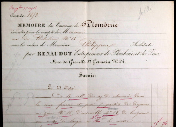 1853 Paris Hotel des Hauts Alpes mémoires services de plomberie