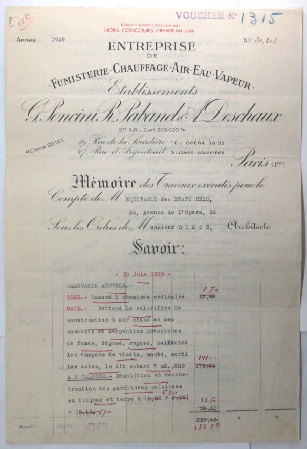 1939 Paris mémoire travaux fumisterie et chauffage ave.de l'Opéra