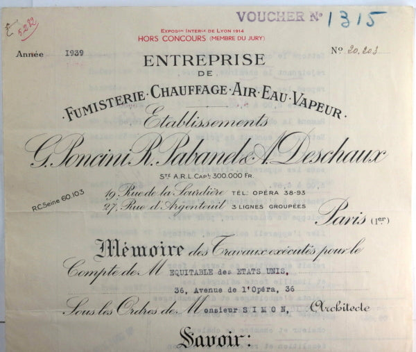 1939 Paris mémoire travaux fumisterie et chauffage ave.de l'Opéra