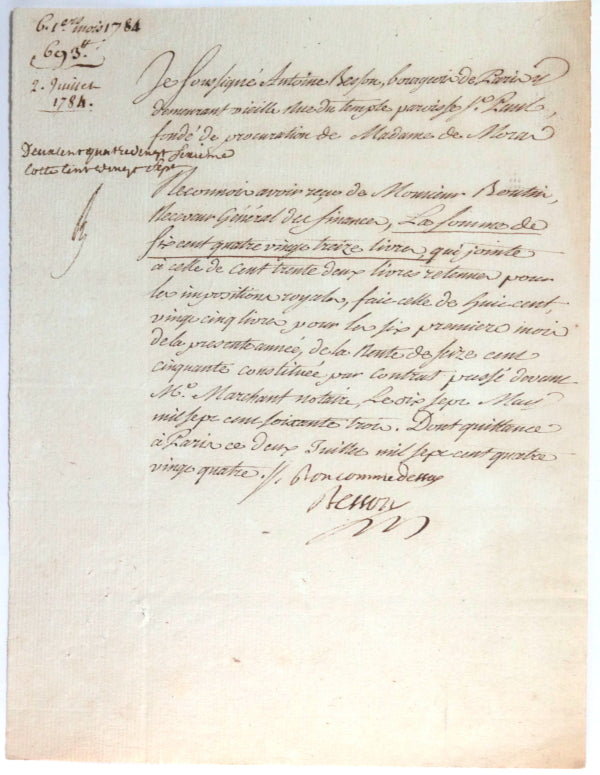 1784 Paris quittance pour Charles Boutin paiement de rente