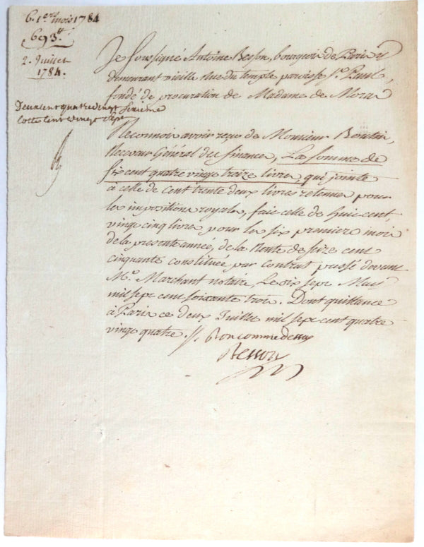 1784 Paris quittance paiement de rente Charles Boutin receveur Général 1784 Paris quittance paiement de rente Charles Boutin receveur Général