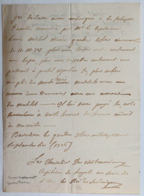 1776 connaisement maritime Barcelone à Marseille, capitaine de frégate